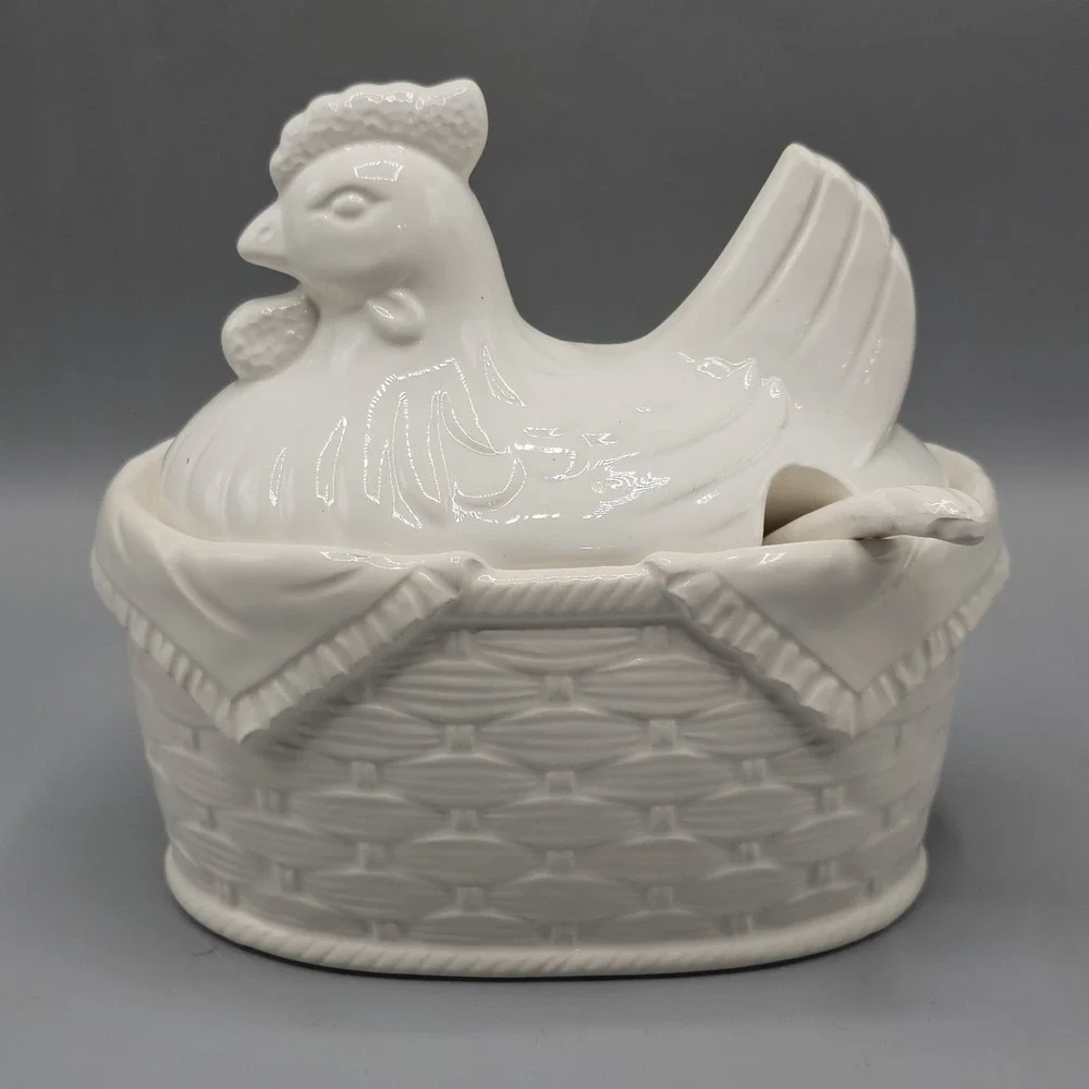 Vintage Ceramic Hen on Nest Covered Gravy Boat Bowl W/ Spoon Cottage Grandmacore